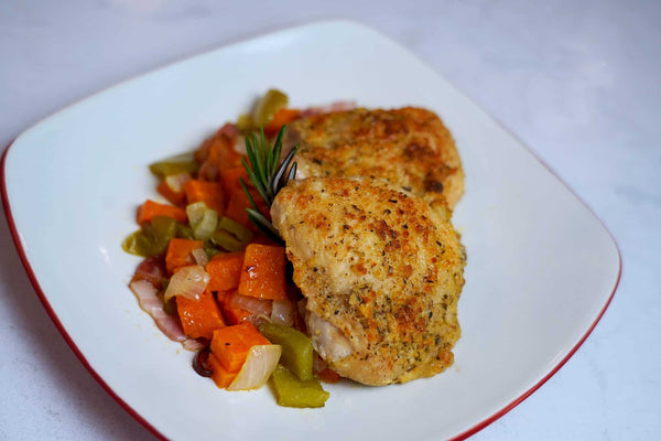 Garlic Parmesan Chicken Thighs with Sweet Potato Bacon Hash