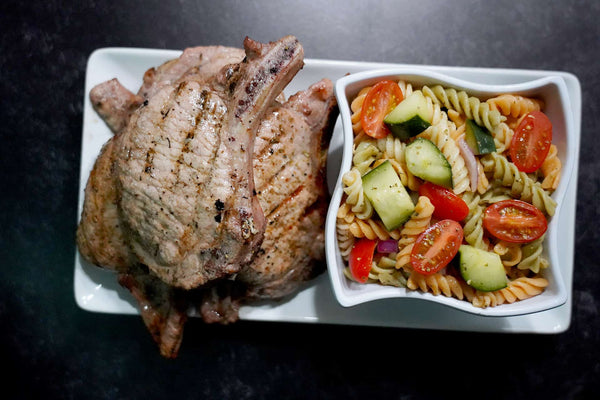 Greek Grilled Pork Chops with Greek Pasta Salad