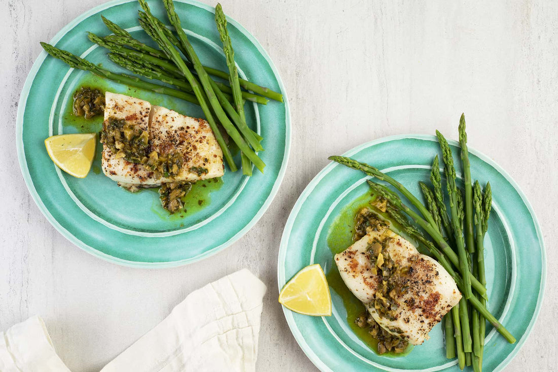 Halibut with Asparagus and Olive Caper Sauce - LGCM Dev