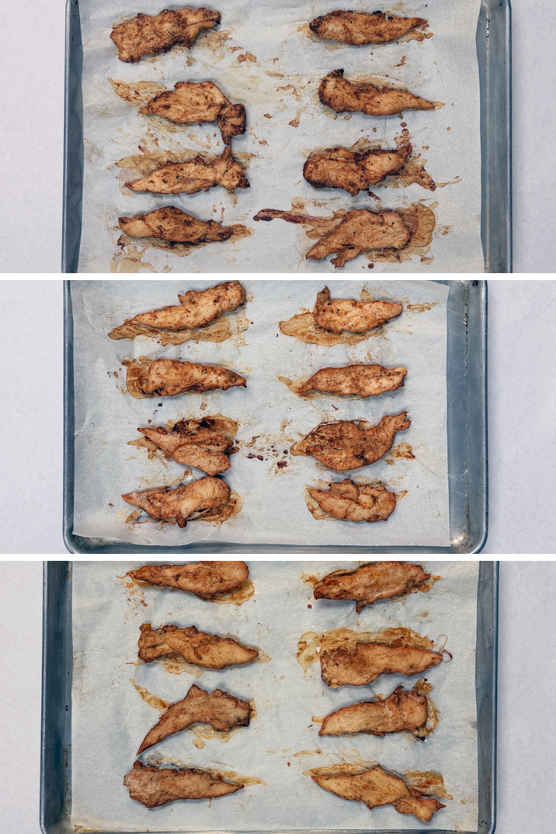 strips of baked chicken breast on a sheet pan