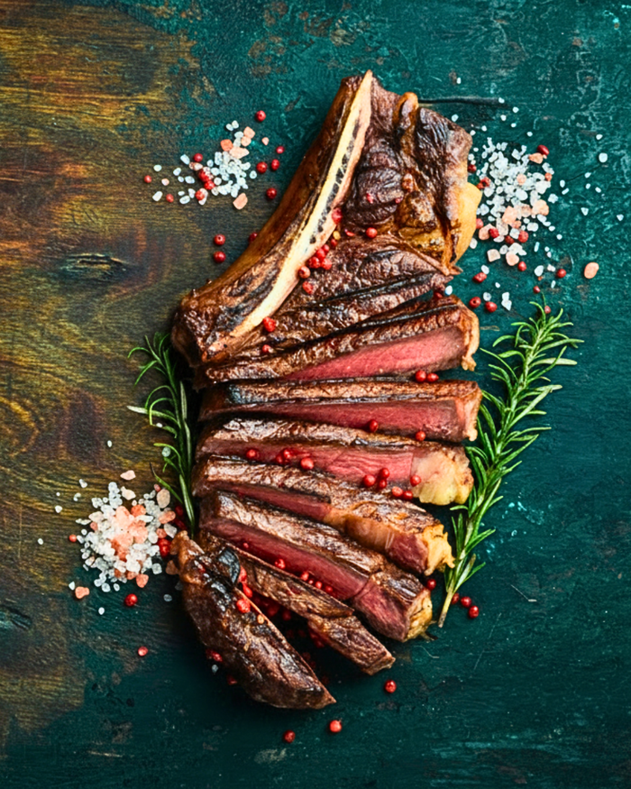 Sliced medium-rare steak arranged on a dark textured surface with rosemary sprigs, coarse salt, and peppercorns.