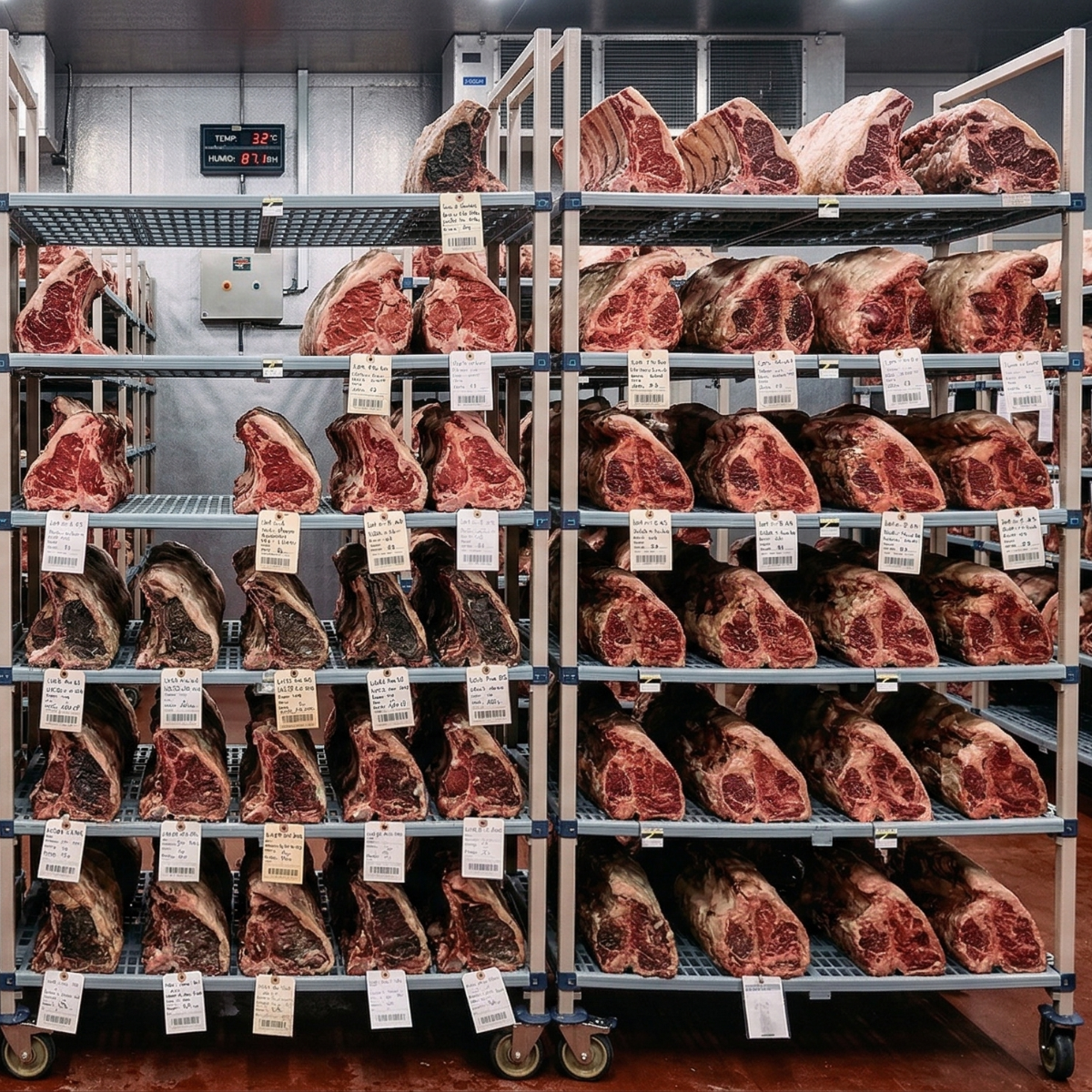 Beef dry aging on racks