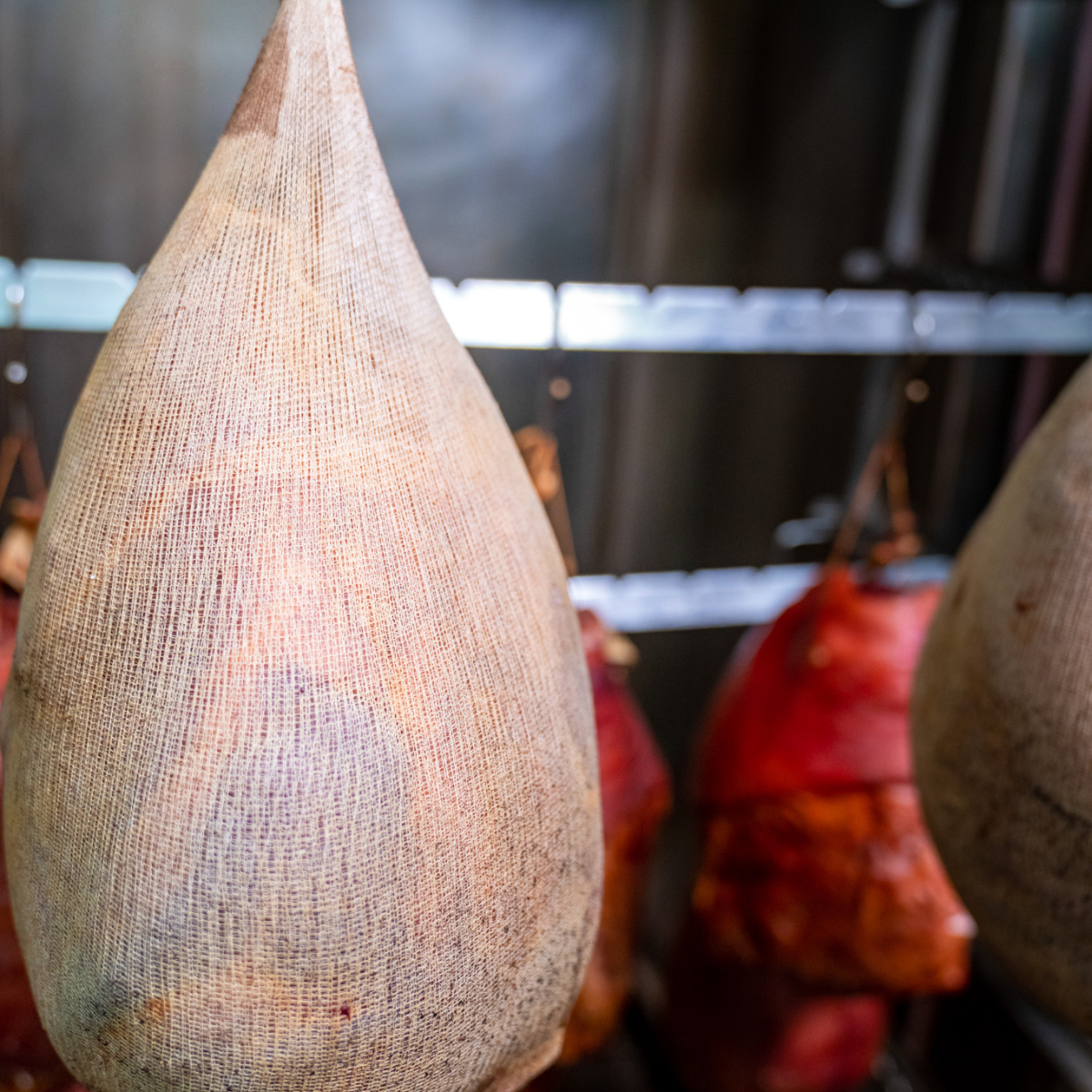 smoked ham hanging in net in smoke house