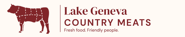 Lake Geneva Country Meats logo with a cow silhouette on a white background