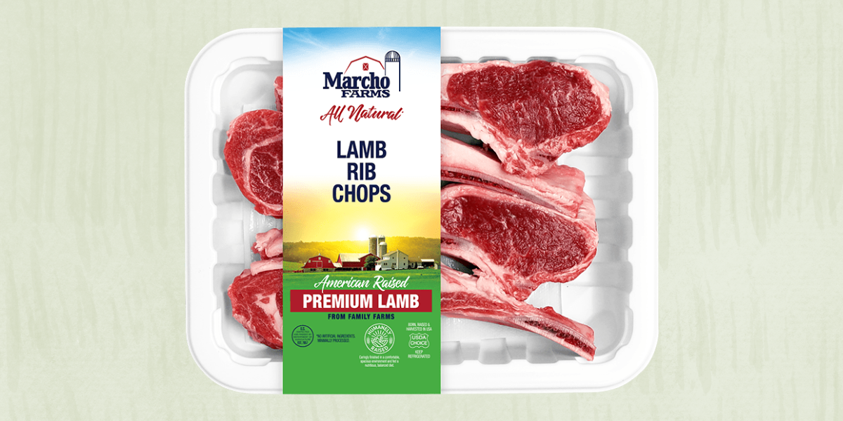 Packaged lamb rib chops with Marcho Farms label on a light green background