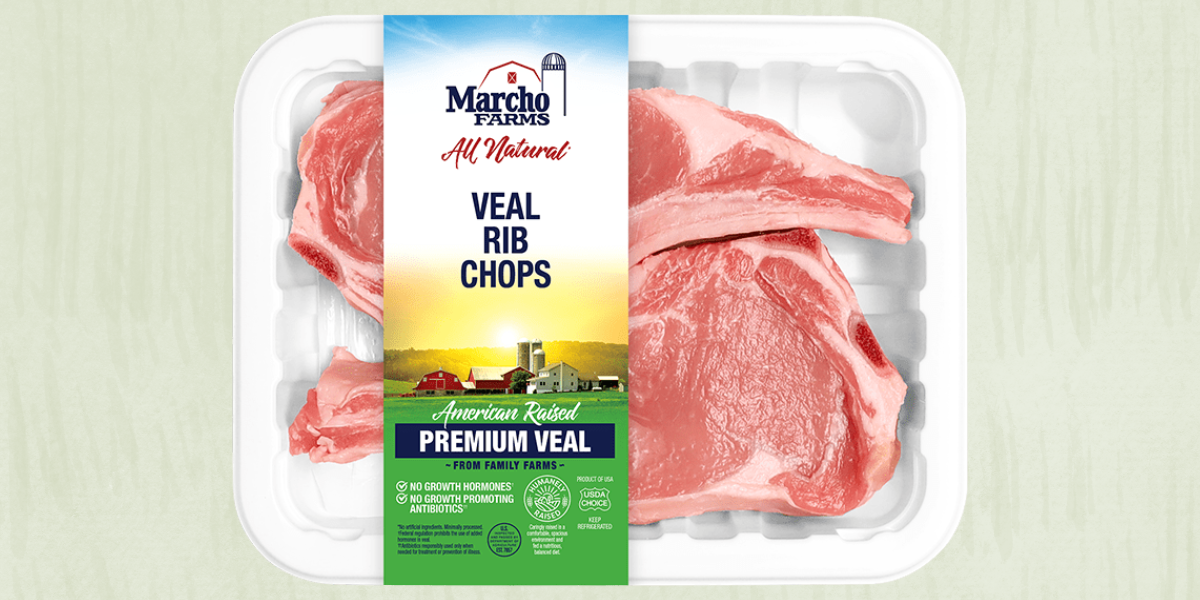 Packaged veal rib chops with Marchio Farms label on a light green background