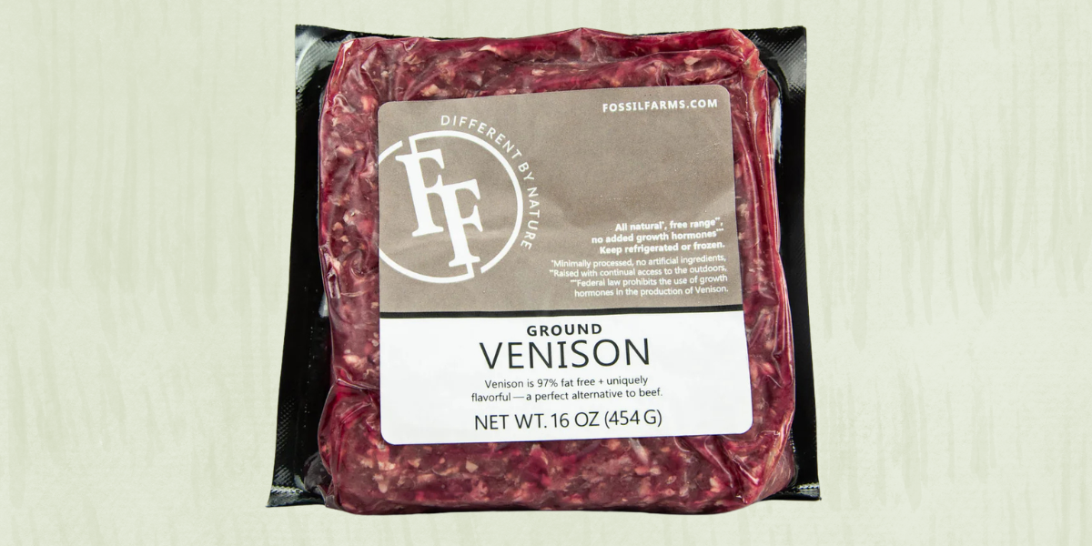 Packaged ground venison with a label on a light background