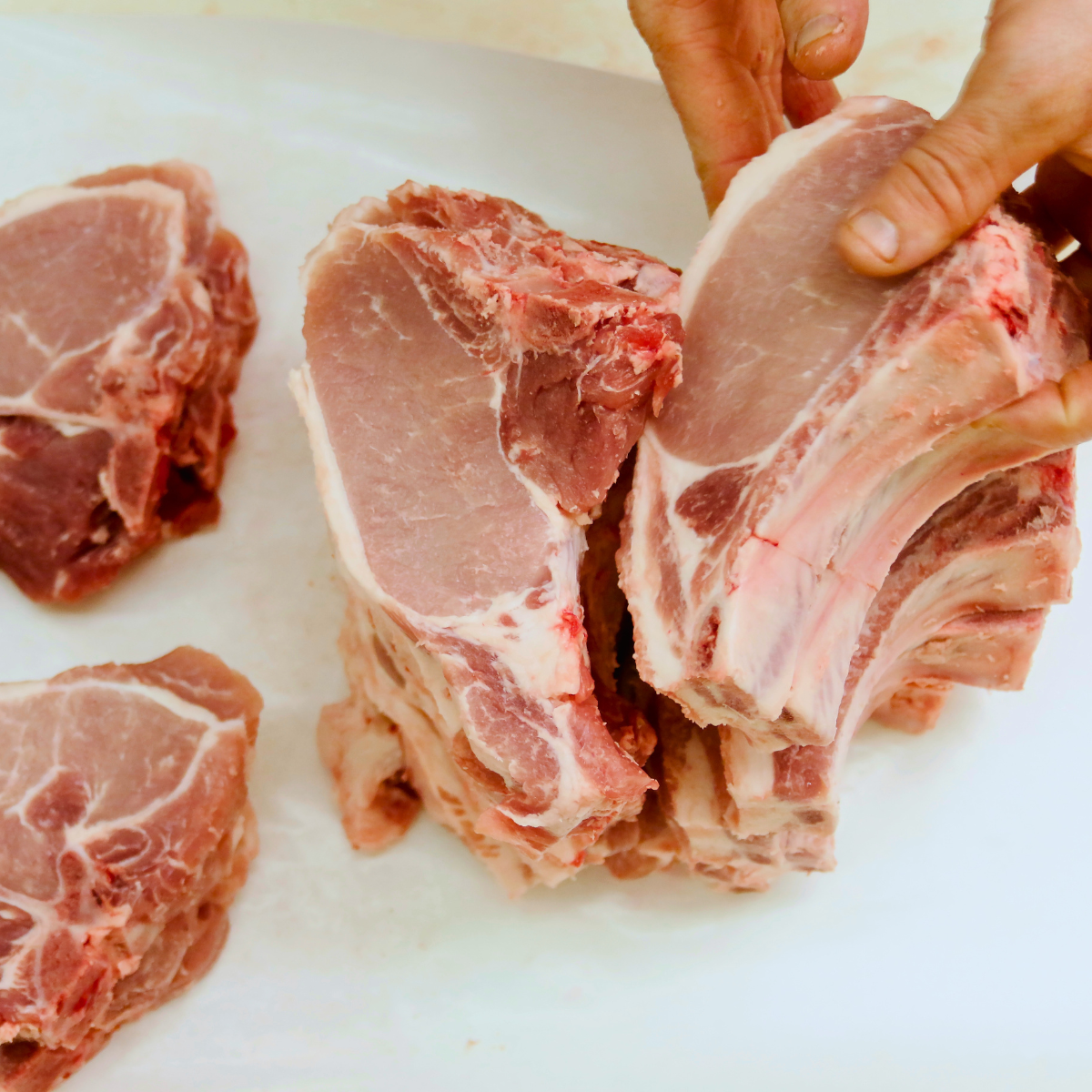 Raw pork ribs being held over a cutting board with other raw pork cuts.