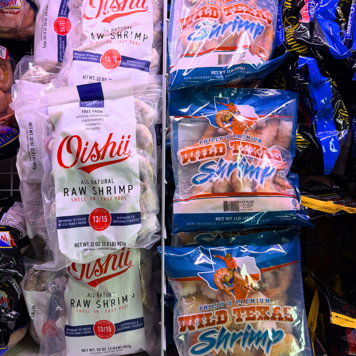 Bags of raw shrimp