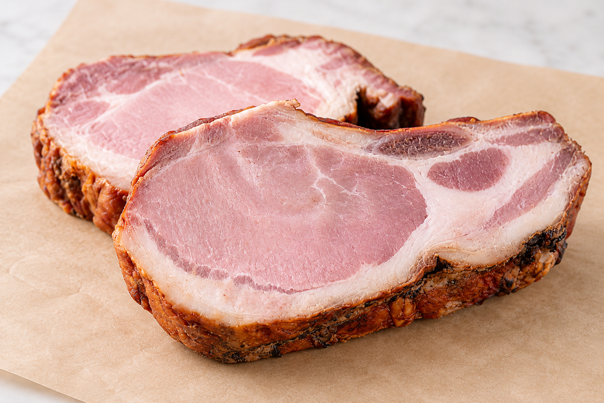Two thick smoked pork chops arranged on parchment paper.