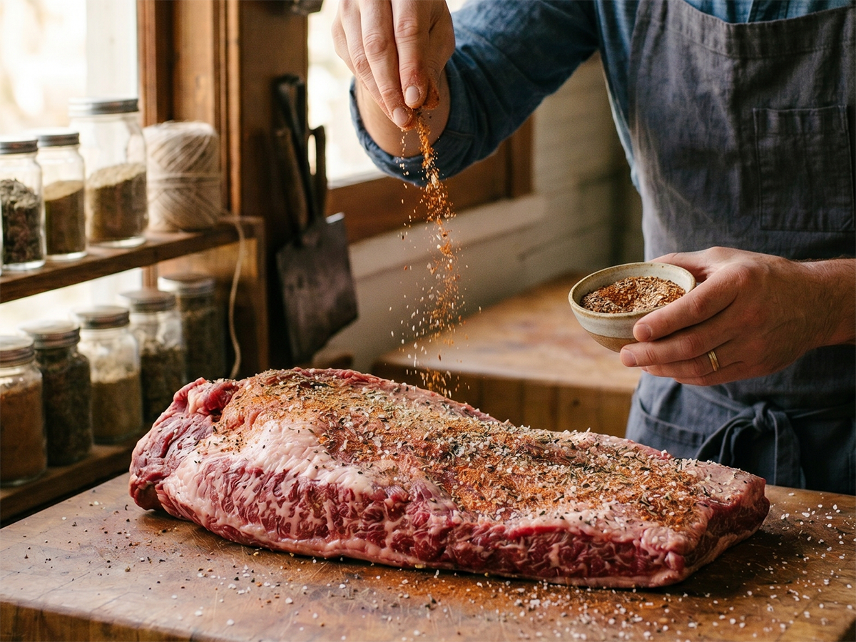 A man's hands sprinkling a seasoning blend on a beef brisket.