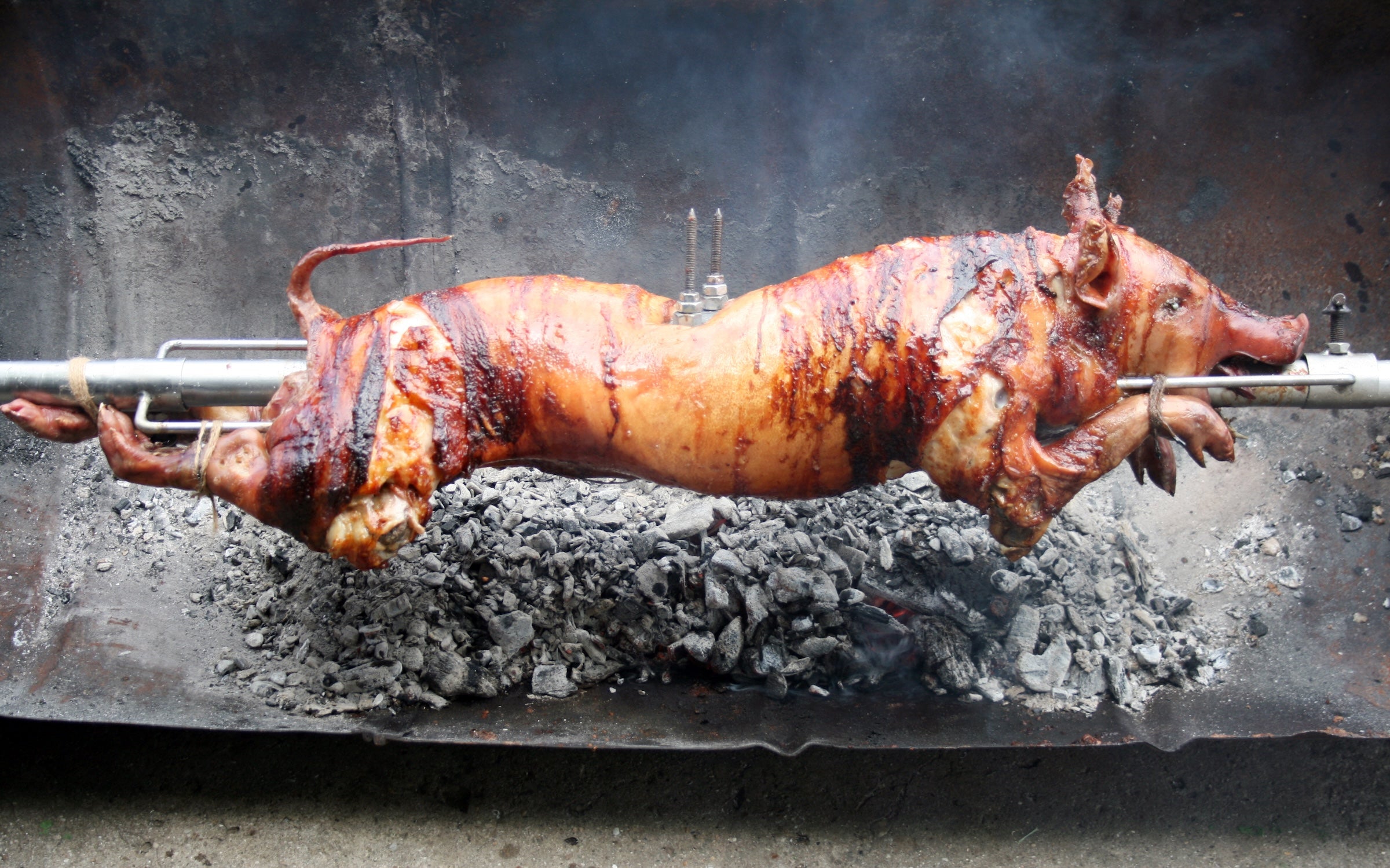 pig roasting on spit